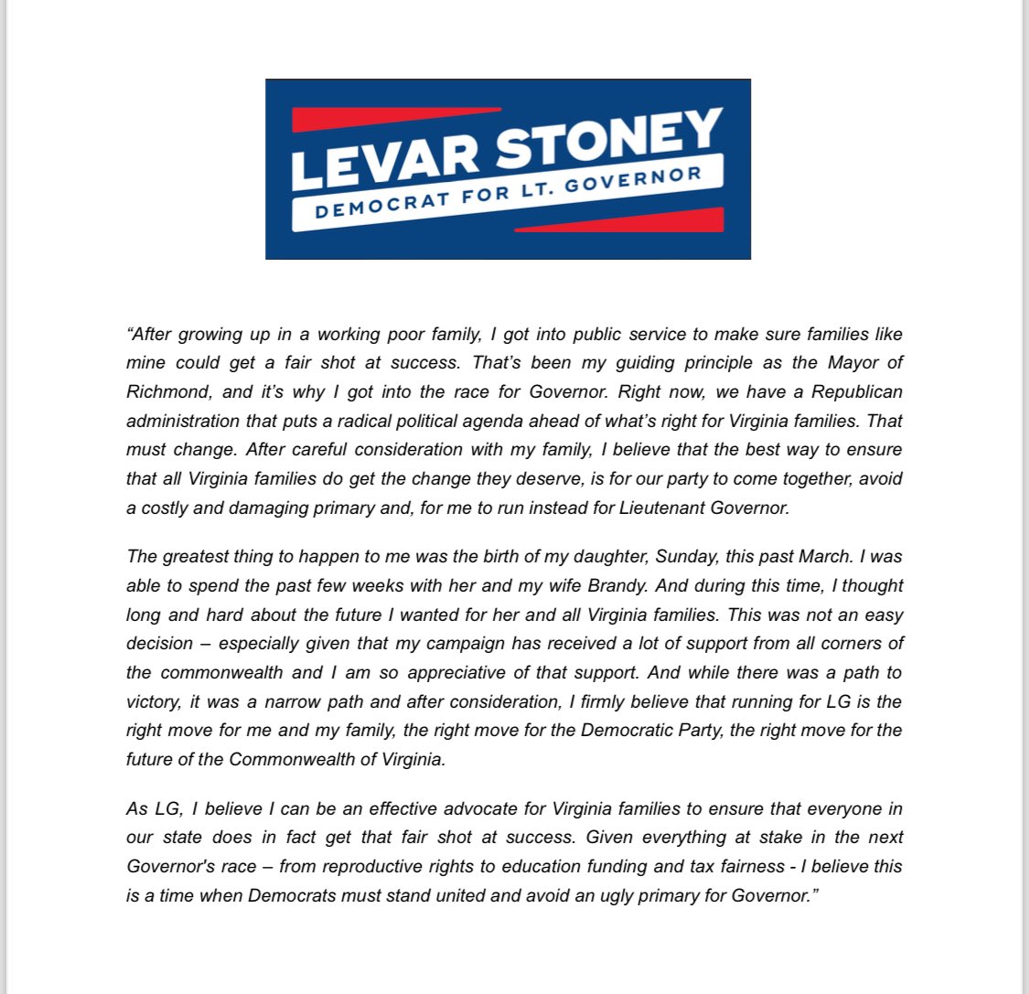 After discussion with my family, I have decided that running to be the next Lieutenant Governor of Virginia is the right choice. Together, we are going to take back our Commonwealth in 2025. My full statement: