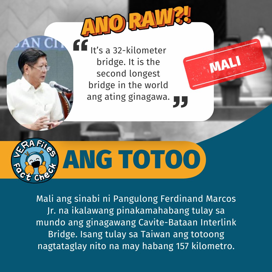 Sinabi ni Pangulong Ferdinand Marcos Jr. sa media na ang ginagawang 32.15 kilometrong Cavite-Bataan Interlink Bridge ay magiging pangalawa sa pinakamahaba sa mundo. Hindi ito totoo. Basahin sa aming VERA Files Filipino Fact Check: vera.ph/VFFCFil-Cavite…