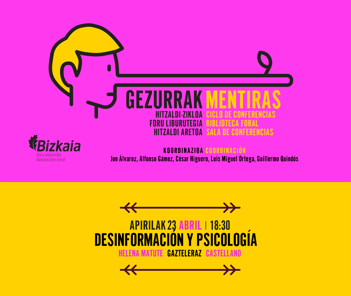 A las 6.30 de esta tarde, @HelenaMatute, catedrática de la Universidad de @Deusto e investigadora en @LabPsico, será la siguiente ponente en el ciclo de conferencias sobre mentiras en la Biblioteca de la Diputación de @Bizkaia, y hablará acerca de desinformación y psicología.