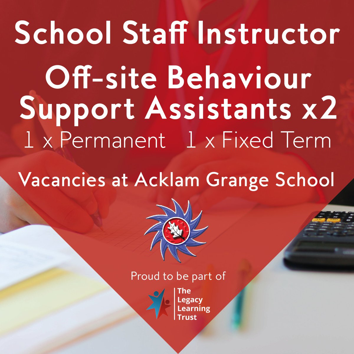 We've got some exciting opportunities to join our off-site provision team 👇 School Staff Instructor - Combined Cadet Force ➡️ acklamgrange.org.uk/school-staff-i… Off-site Behaviour Support Assistants (1 x Permanent/1 x Fixed Term) ➡️ acklamgrange.org.uk/off-site-behav… ➡️ acklamgrange.org.uk/off-site-behav…