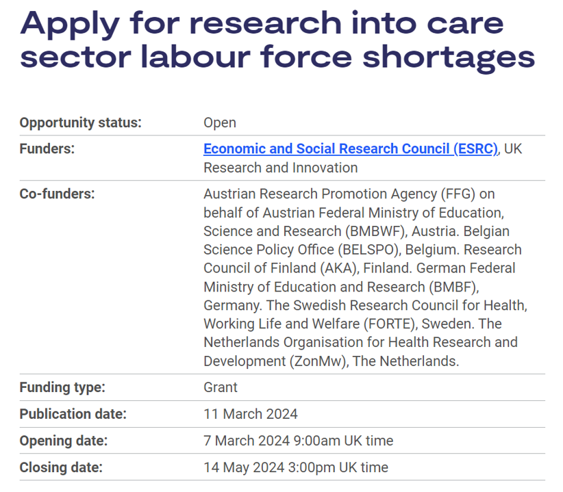 Apply now for funding to research labour force shortages within the long-term care sector: orlo.uk/Bso0t Closes 14 May