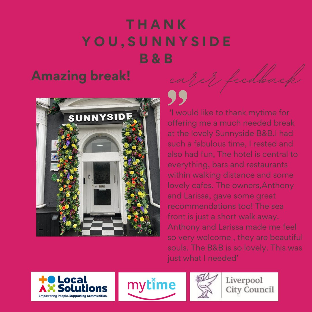 So, we booked our first carers for a much needed break in one of our newest contributors, the #sunnnyside Southport. They loved it! Huge thank you for making them so very welcome,  for supporting #unpaidcarers #breaks @LocalSolutions_ @lpoolcouncil @LCRTourismAward #hospitality