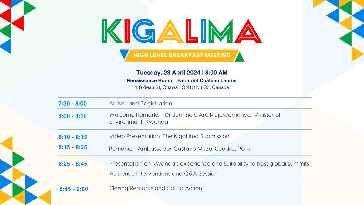 At today's High Level Meeting, Rwanda & Peru will share why Kigali & Lima are well placed to host Diplomatic Conference & Early Action Conference. #KigaLima symbolises the collaborative spirit of Rwanda & Peru in environmental multilateral diplomacy. Check out the programme!👇🏿