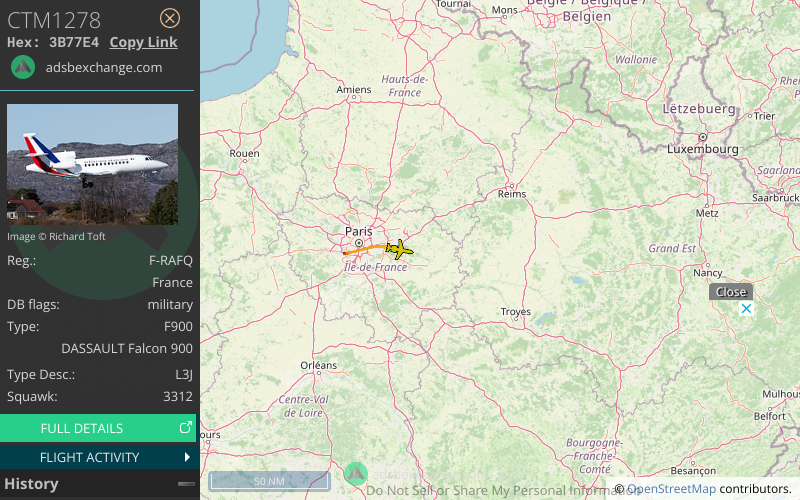 🛫 Le DASSAULT Falcon 900 F-RAFQ CTM1278  de la flotte de l'ET 060 a éte détecté près de l'aéroport Paris Charles de Gaulle Airport (CDG/LFPG) - Suivi: globe.adsbexchange.com/?hideSidebar&h…
