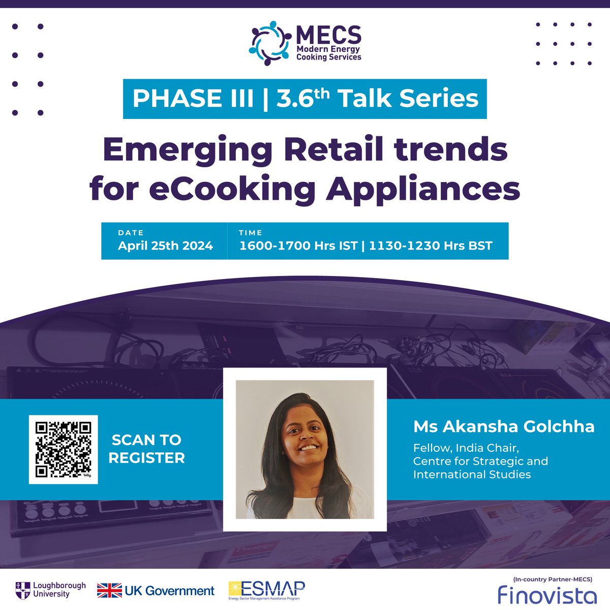Meet our speaker Ms Akansha Golchha, as a distinguished panelist in our #6thTalkSeries, Phase III on the theme 'Emerging Retail trends for eCooking Appliances' at 1600 Hrs IST/1130 Hrs BST on 25-04-24. ✨ Register: bit.ly/467sMne #CleanEnergy #ecooking #cleancooking