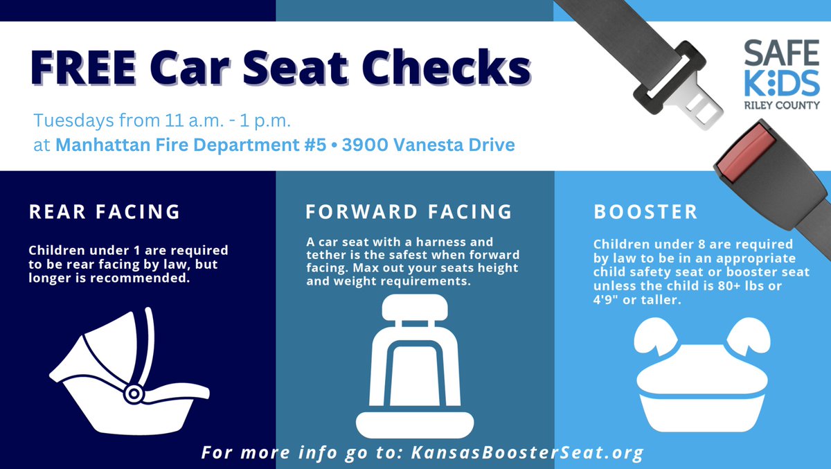 The free car seat checklane has moved to Manhattan Fire Department #5 located at 3900 Vanesta Drive. Certified car seat technicians are available every Tuesday from 11 am to 1 pm to help install or check your child's car seat! Your child's safety is important, come see us today!