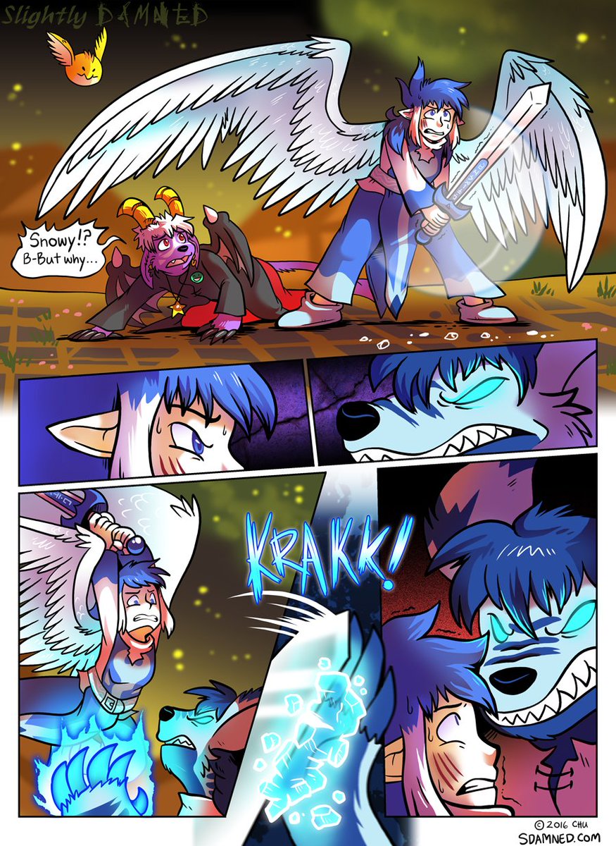 Slightly Damned 745: Looks like the warrior the wind Angel found was Kieri! And she's ready for round two of defending Buwaro from Lazuli! She really DOES care! (of course she does 🥺😭)

#hiveworks #webcomics #readsdamned