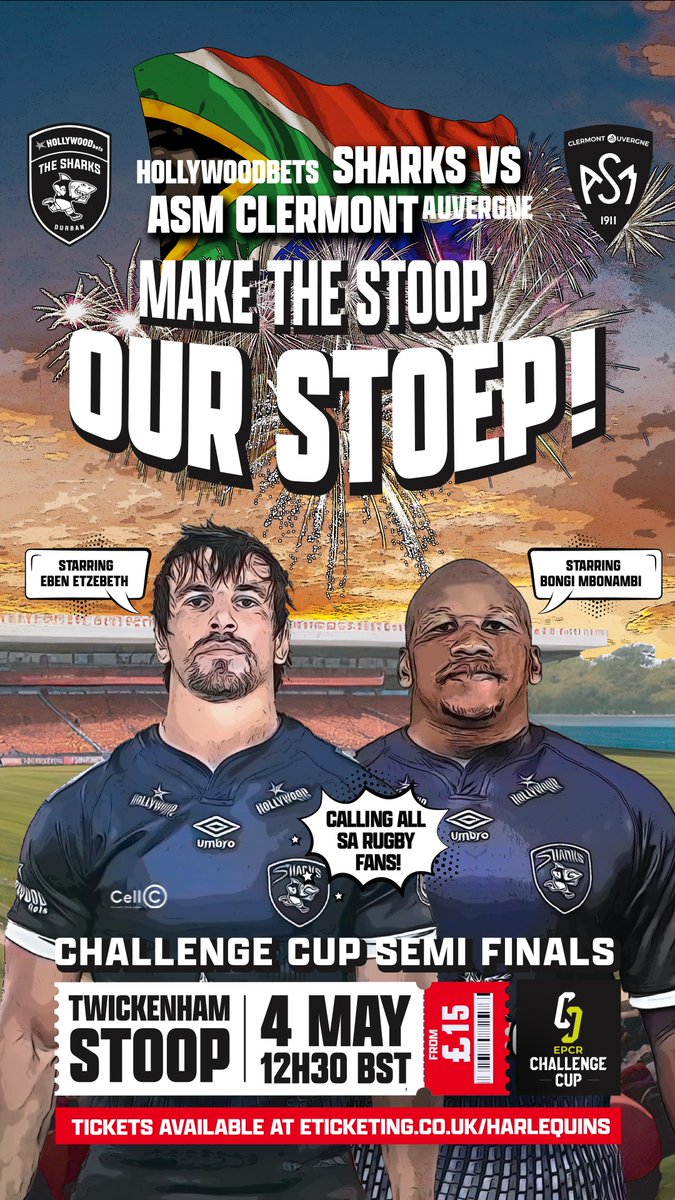 CALLING ALL SA RUGBY FANS
On 4 May, Hollywoodbets <a href="/SharksRugby/">The Sharks</a> 
take over the Twickenham Stoop as they host ASM Clermont Auvergne in in their battle to win the Challenge Cup. Let’s get behind them and give them the home semi-final they’ve earned!  Let’s make the Stoop #OurStoep