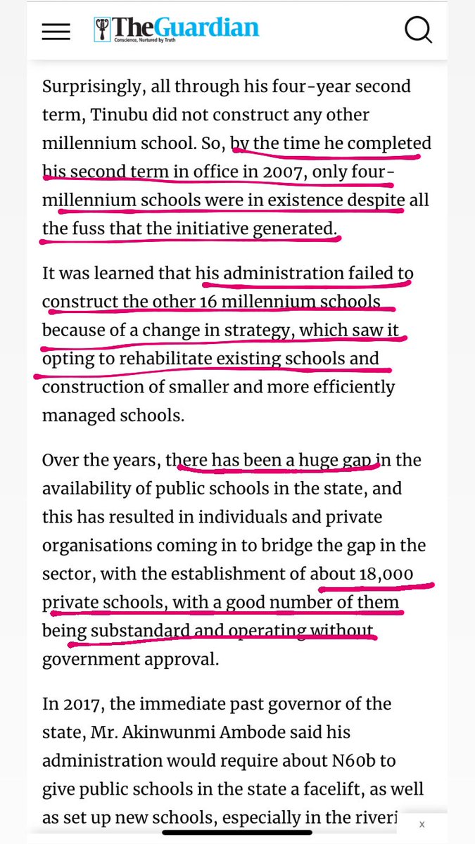 Fact Check: Someone show Reno that Tinubu’s Millennium school concept Flopped so badly it led to the rise of the Private school Industry in Lagos. He promised 20 & delivered 4 schools. He even tried POs model & Failed. Read below. 🤣 #GoAndVerify guardian.ng/sunday-magazin…