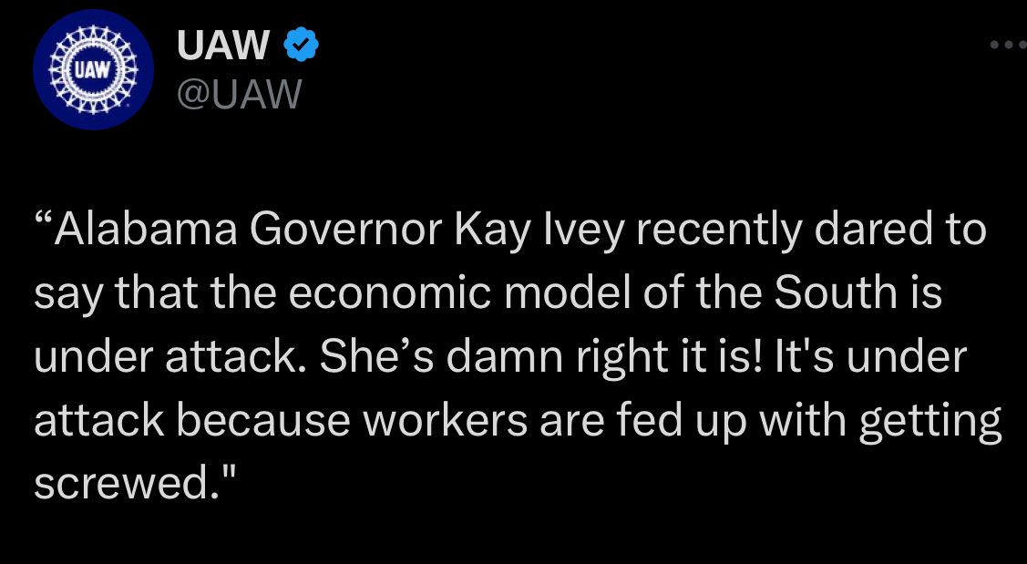 Wow. UAW President Shawn Fain isn’t mincing words. He’s coming right after southern governors like Kay Ivey when they try to gaslight the public. 👏👏👏