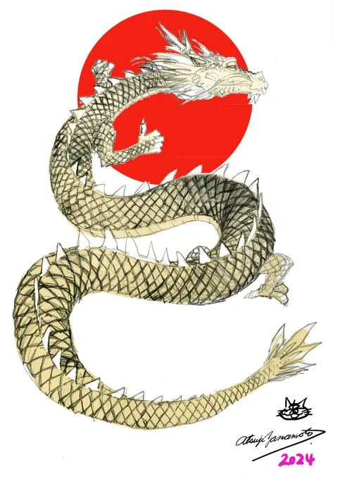 #ドラゴンの日 今年の年賀状のバックに描いた龍(手前の人物レイヤー非表示)下絵 