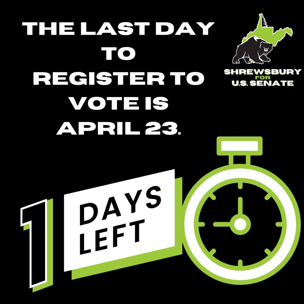 🚨TODAY IS THE DAY🚨 Today is the last day to register to vote or to change your registration! To check your registration status, please visit apps.sos.wv.gov/Elections/Vote… To register to vote or change your registration, please visit ovr.sos.wv.gov/Register/Landi… OR contact your County…