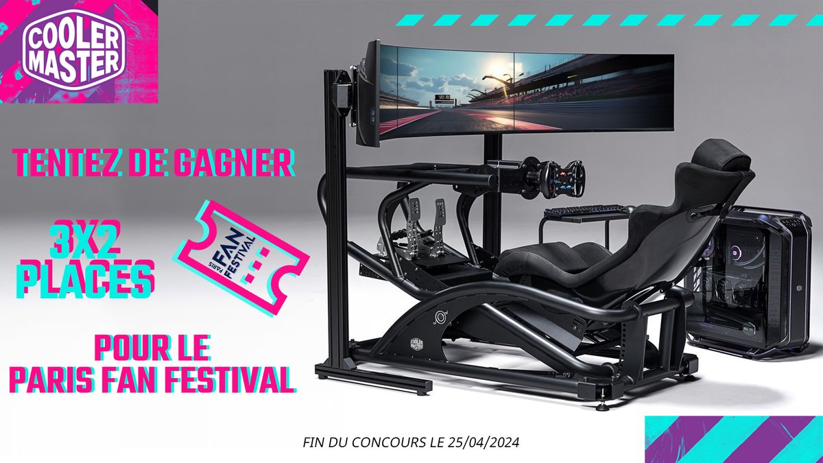 On sera présents au @ParisFanFest ce week-end avec notre châssis SimRacing : le Dyn X ! 🏎 🏁

Pour découvrir l'événement et tenter l'expérience, 3*2 places sont à GAGNER. 🎉

✅ Follow @coolermasterfr
🔁 RT ce Post

Fin du #concours le 25/04/2024. GL ! 🙌