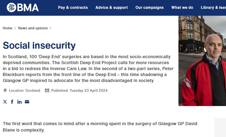 A morning in Dr Blane's surgery makes the arguments for increased investment in, and focus on, general practice and anticipatory care in the most marginalised and disadvantaged communities tough to ignore. 

The report from the frontline in Glasgow here: bma.org.uk/news-and-opini…