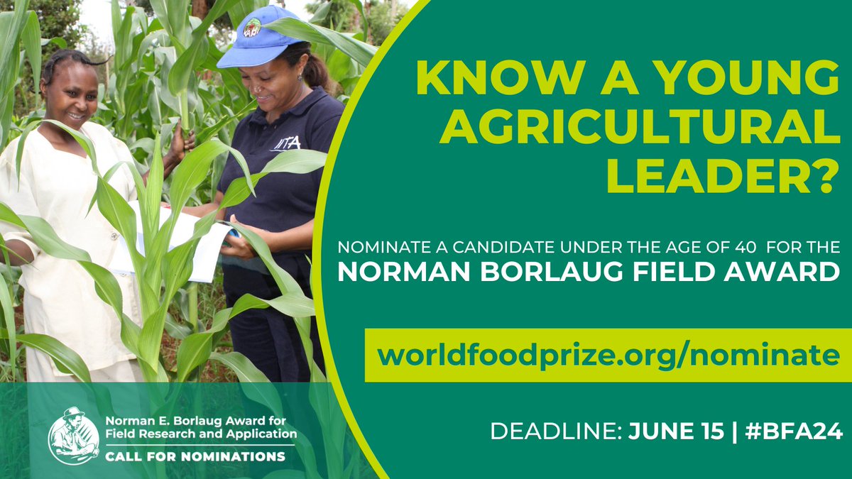 To advance agriculture and food production the world needs people who show:

💡 Intellectual courage
💪 Determination
💨 Stamina

If you know a young researcher who embodies these qualities – nominate them for
the #BFA24 today!

👉🏽 bit.ly/BFA21Nominatio…

🔸 @WorldFoodPrize