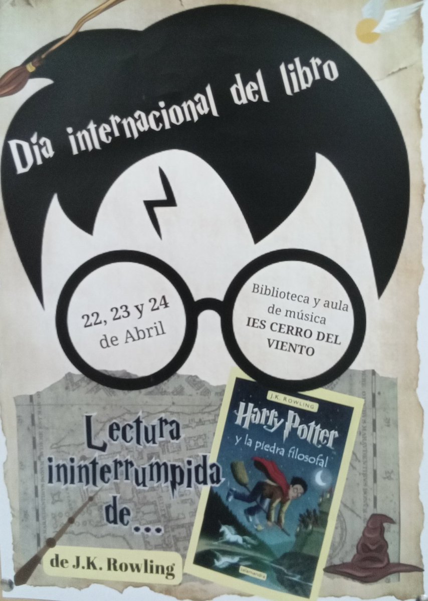IESCerro_Viento's tweet photo. En el #DiaDelLibro2024 nuestra biblioteca ha organizado una lectura ininterrumpida de Harry Potter. 📚📚📚 https://t.co/LfVdPR6v9f