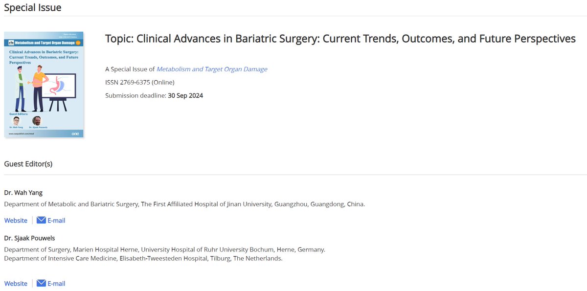 '🌟 Get ready to shine in the special issue on 'Clinical Advances in #BariatricSurgery: Current Trends, Outcomes, and Future Perspectives'!Don't miss out—submit your work now! 💼More details: oaepublish.com/specials/mtod.… 💉 Contact us: editorialoffice@mtodjournal.net
