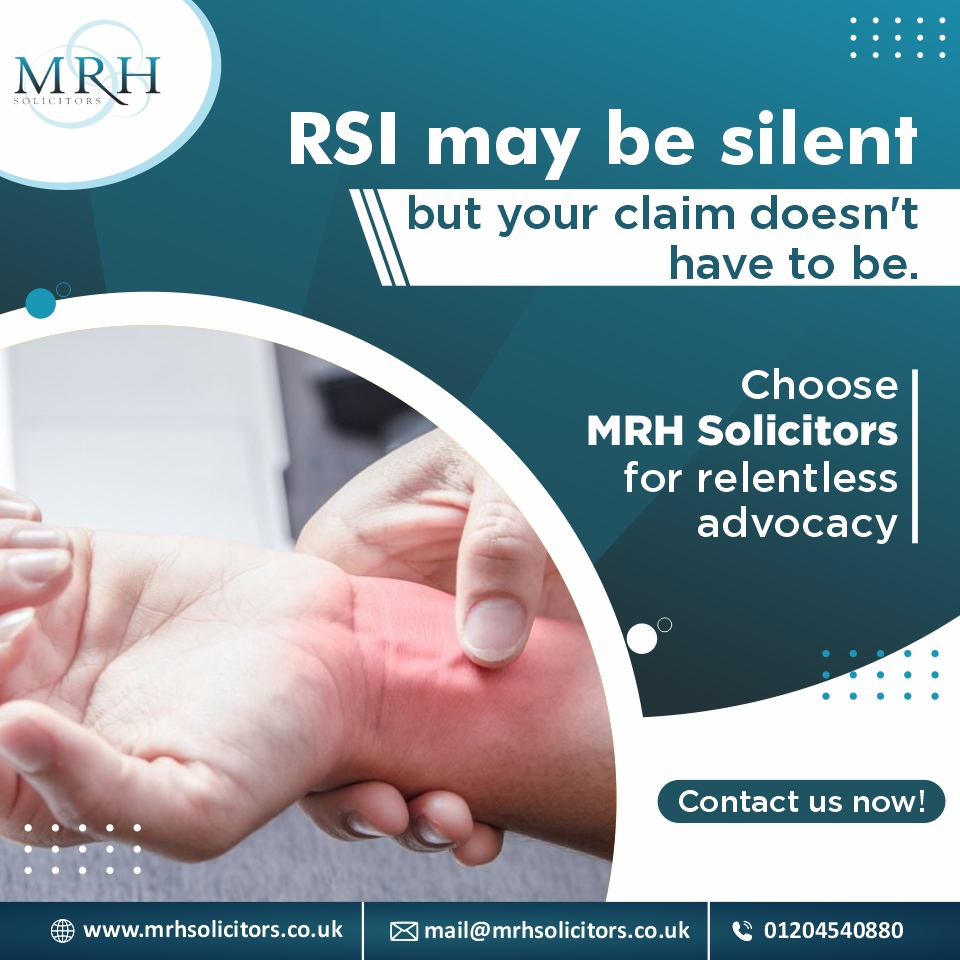 RSI may be silent, but your claim doesn't have to be

Choose MRH Solicitors for relentless advocacy

Get a quote now!
📞01204540880
📧mail@mrhsolicitors.co.uk
🌐mrhsolicitors.co.uk/service/repeti…

#RSIClaims #RepetitiveStrainInjury #WorkplaceInjuries #PainManagement #Compensation #LegalHelp