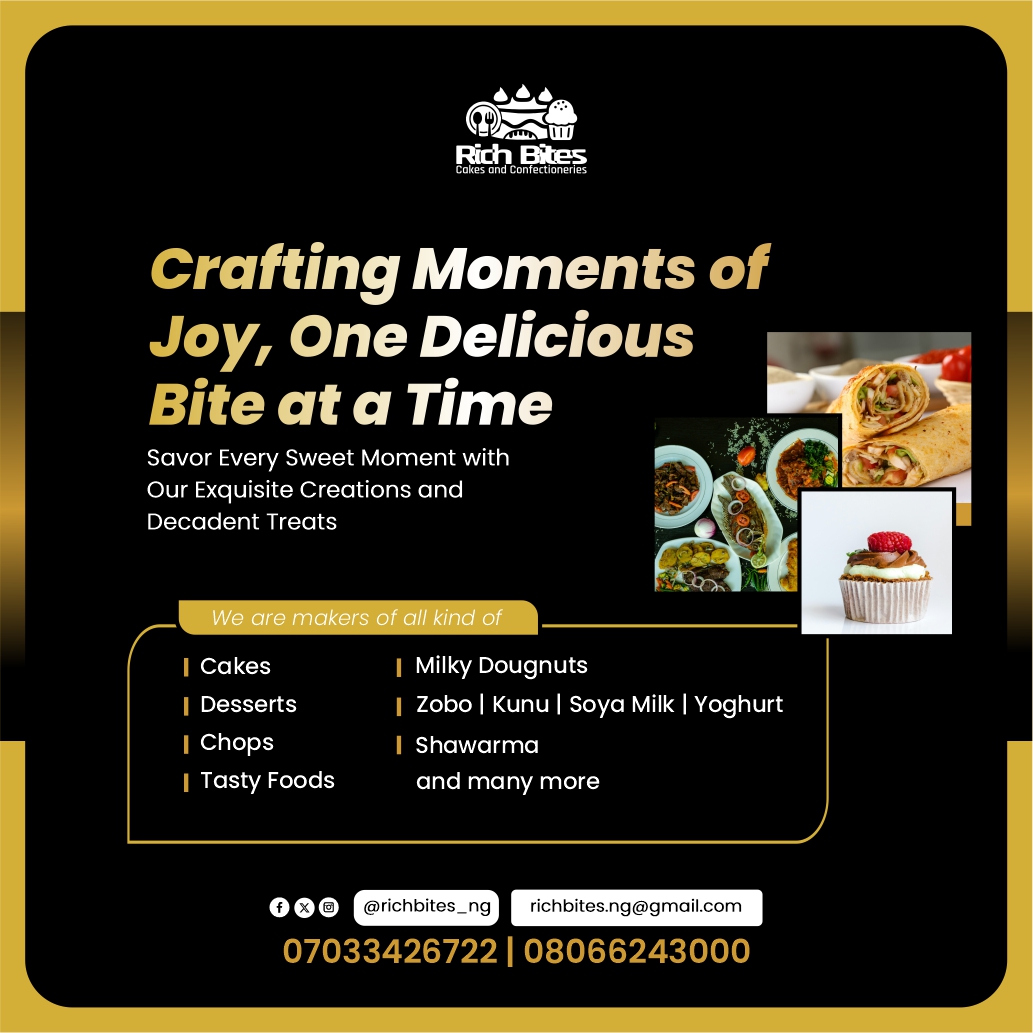richbites_ng's tweet photo. Savor Every Sweet Moment with Our Exquisite Creations and Decadent Treats

We are makers of all kind of
🔹 Cakes
🔹 Tasty Foods
🔹 Milky Dougnuts
🔹 Zobo | Kunu | Soya Milk | Yoghurt
and many more

Satisfy Your Cravings Today! Order Now and Experience the Rich Bites Difference 🍰 https://t.co/eWttV2o9eV