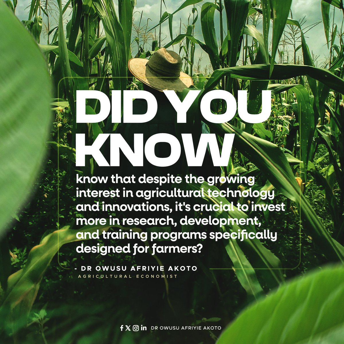 Did you know that despite the growing interest in agricultural technology and innovations, it's crucial to invest more in research, development, and training programmes specifically designed for farmers? 

#DrAkoto 
#agriculturaltechnology 
#agriculturalresearch