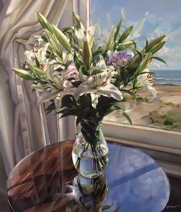 Jim Farrant 
English painter who is a whizz at painting floral pieces and he’s also fab at Figurative ( next).   I was pleased to find his work.  Somerset born artist.   The Marine House at Beer ( gallery)
