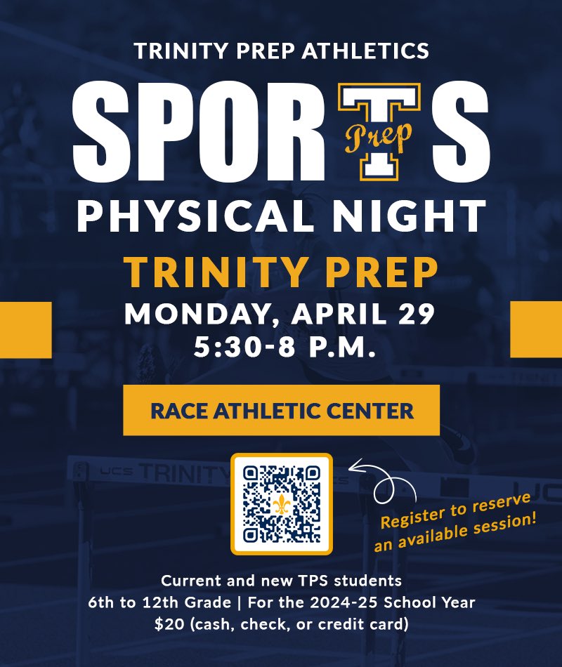 Physical Night is Monday, April 29. Scan the QR code to reserve an appointment time. Please bring your completed and signed FHSAA physical form with you. Walk-ins are welcome, but your wait time will be longer.