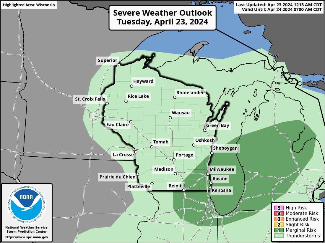 Thunderstorms are possible today statewide. Some of those storms may be strong, especially southeast of a line from Beloit to Sheboygan. Best chance is late this afternoon and early evening. Small hail and gusty winds will be possible.