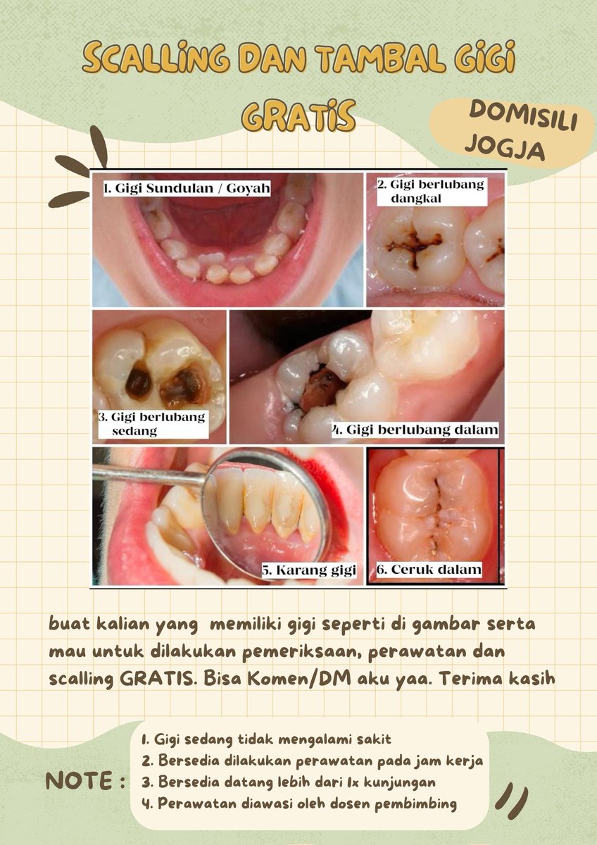 Captainmarve10's tweet photo. Halo semua nyaa👋
Aku mahasiswa keperawatan gigi sedang mencari pasien dengan kasus seperti gambar dibawah, Bagi kakak2 yang memiliki kasus tersebut bisa komen/DM yaa.Tenang aja ini GRATIS!! tidak dipungut biaya apapun. Terimakasih 🙏🏻🫶
#gigi #scalling #gratis #tambalgigi #Jogja https://t.co/EhMT6SBAxB
