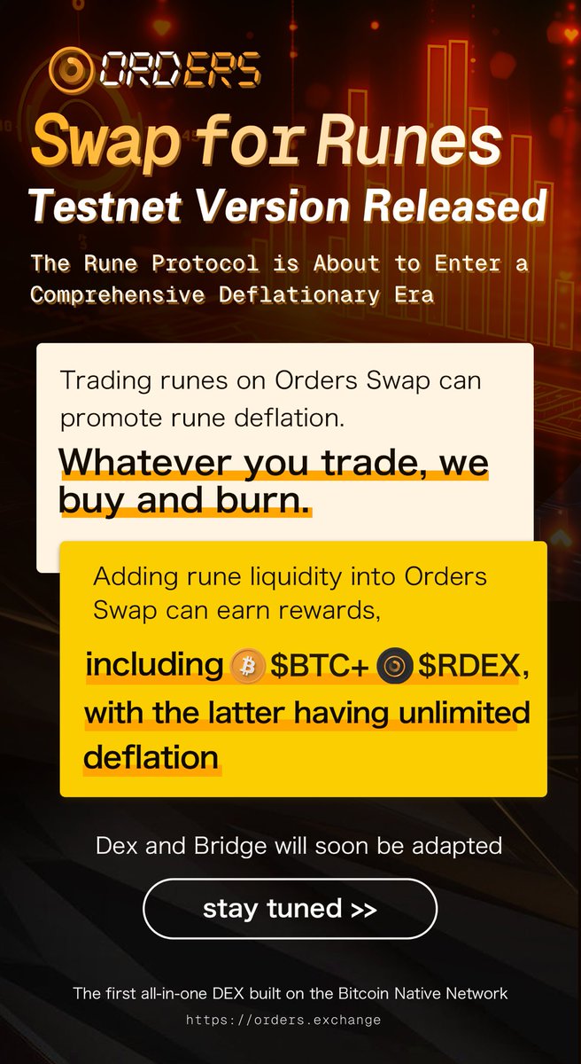 🚀 The testnet version of Orders Swap for #Runes is now live! 🔥 Welcome to the era of deflation with Runes: ✅Whatever you trade, we buy back and burn. ✅Add liquidity to Runes and earn double rewards with $BTC + $RDEX. ✅Full indexing support for all Runes. DEX and Bridge…