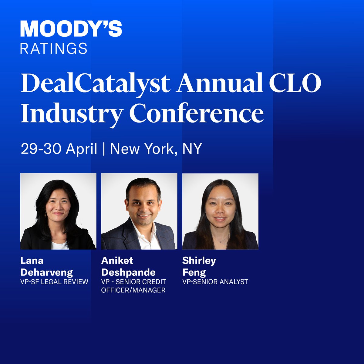 We are proud to sponsor the Annual CLO Industry Conference in New York on 29-30 April, co-hosted by the LSTA and DealCatalyst. Come hear Moody’s speakers sharing their insights on the latest trends in the market. Register here: mdy.link/3Ua7bH1