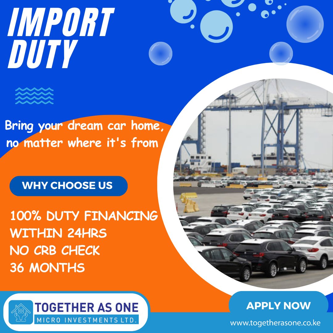 You can now import your favorite car without worrying about the duty, cause we will cover 100% of the cost and it does not matter the make, model or country of origin we got you covered. CALL 0719881885 togetherasone.co.ke #togetherasoneplc #importdutyfinancing