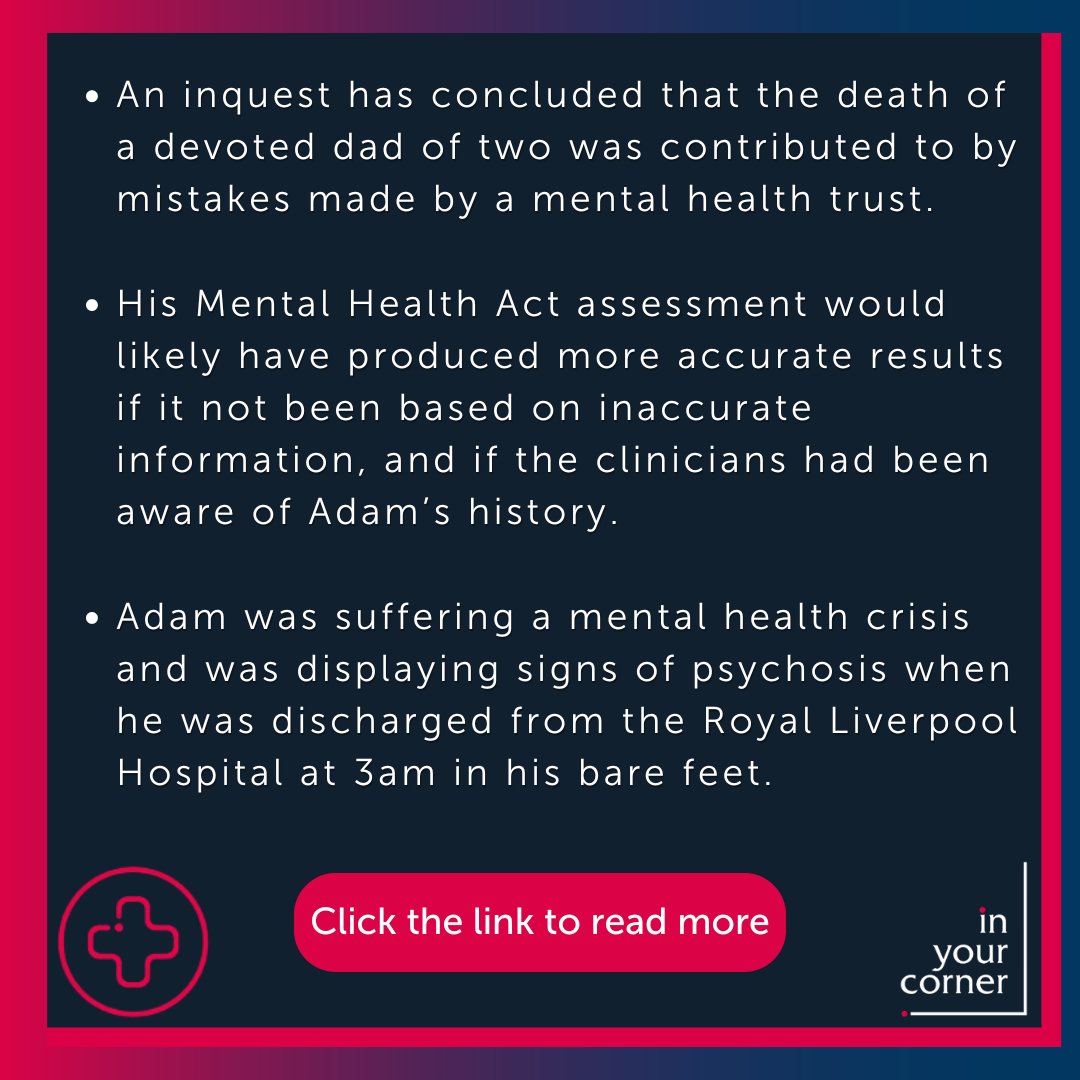 An inquest has concluded that the death of a father of two during a mental health crisis was contributed to by mistakes made by Mersey Care NHS Foundation Trust. JMW's Rebecca Cahill handled the legal case. Read our blog post to find out more: jmw.co.uk/articles/clini…