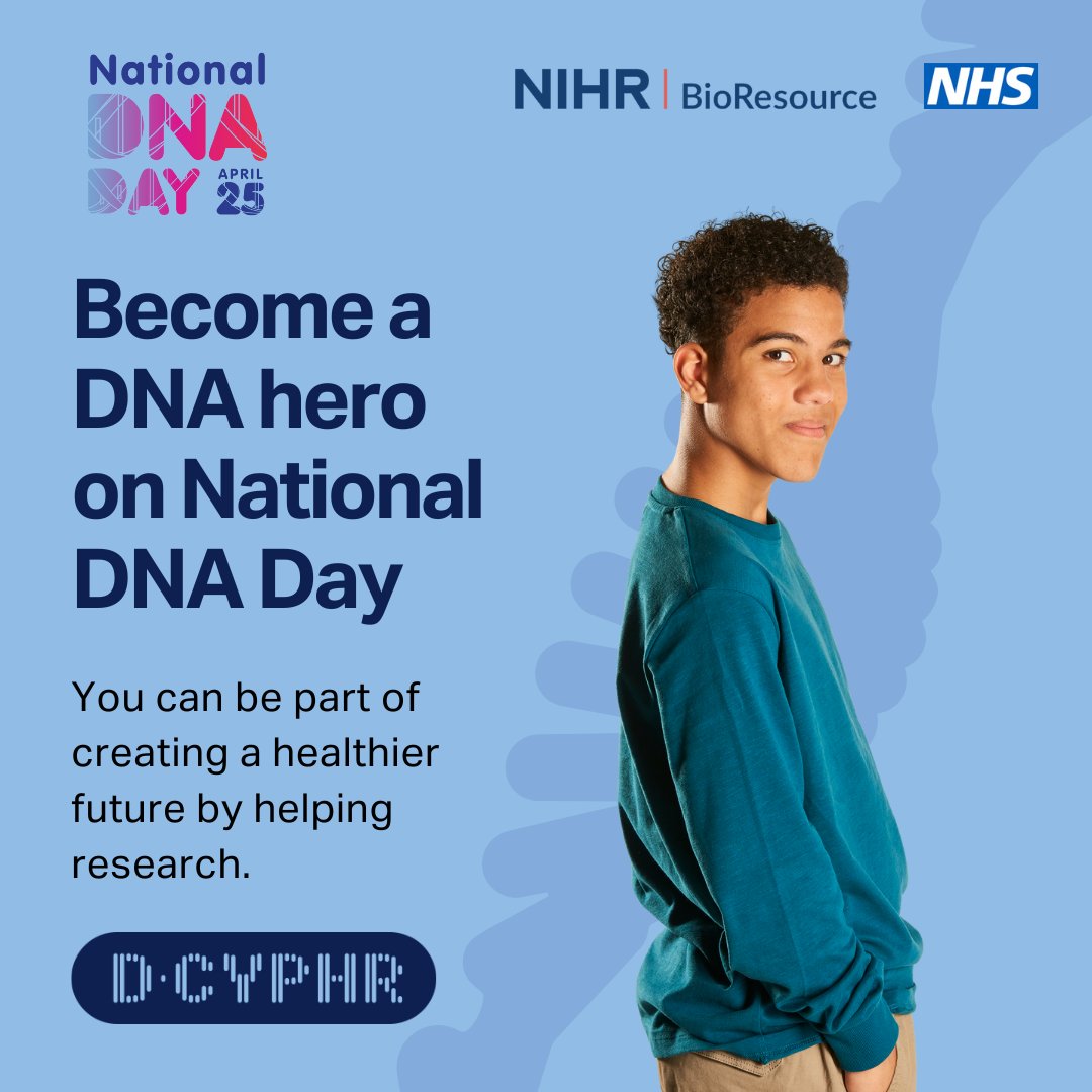 This #DNADay help make the future 🧬‍ Our DNA can help decipher some of the most pressing health challenges we face. Any family with children aged 0 –15 can help children’s health research from home. Join today: bioresource.nihr.ac.uk/dcyphr/ #DCYPHR #NHS #NIHR @NIHRBioResource