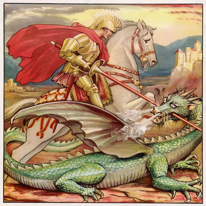 Celebrating the legendary tale of Saint George's Day, where the valiant knight slays the fearsome dragon, symbolising the triumph of good over evil and inspiring courage in the hearts of all!