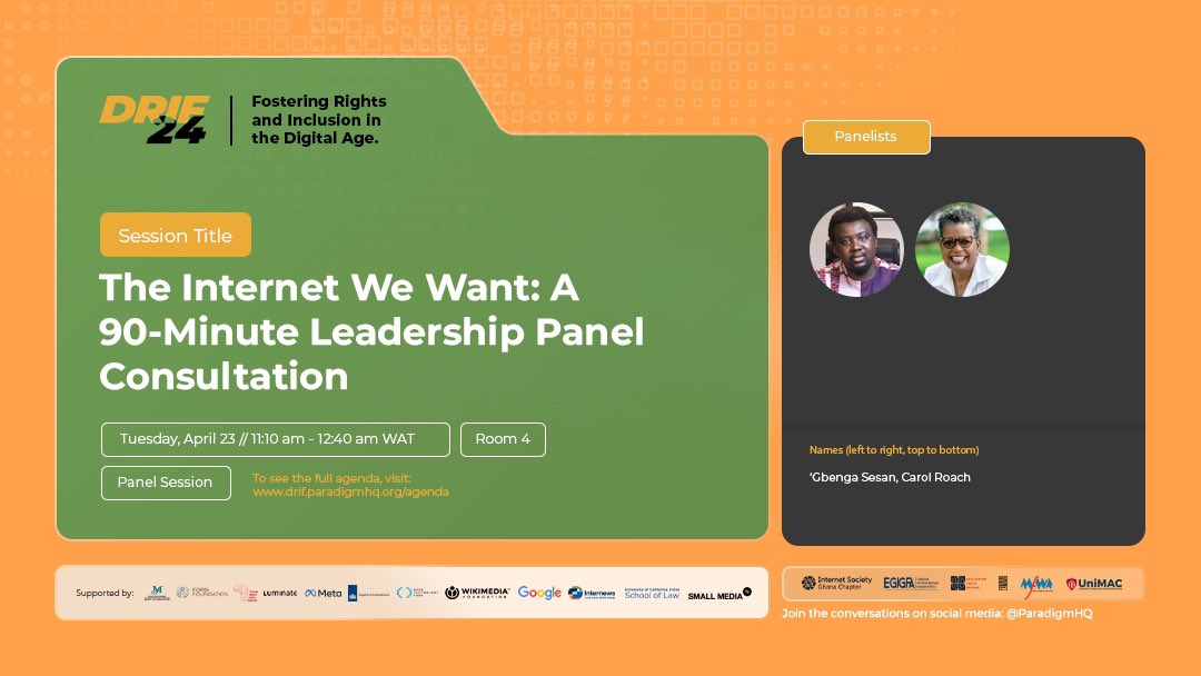 🕒 Digital Rights and Inclusion Forum (DRIF) - Live Updates Happening now [11:10 AM] Models of the Open Internet: Lessons From Four African Countries Artificial intelligence and emerging technologies and their impact on civic space in Africa Community response to internet…