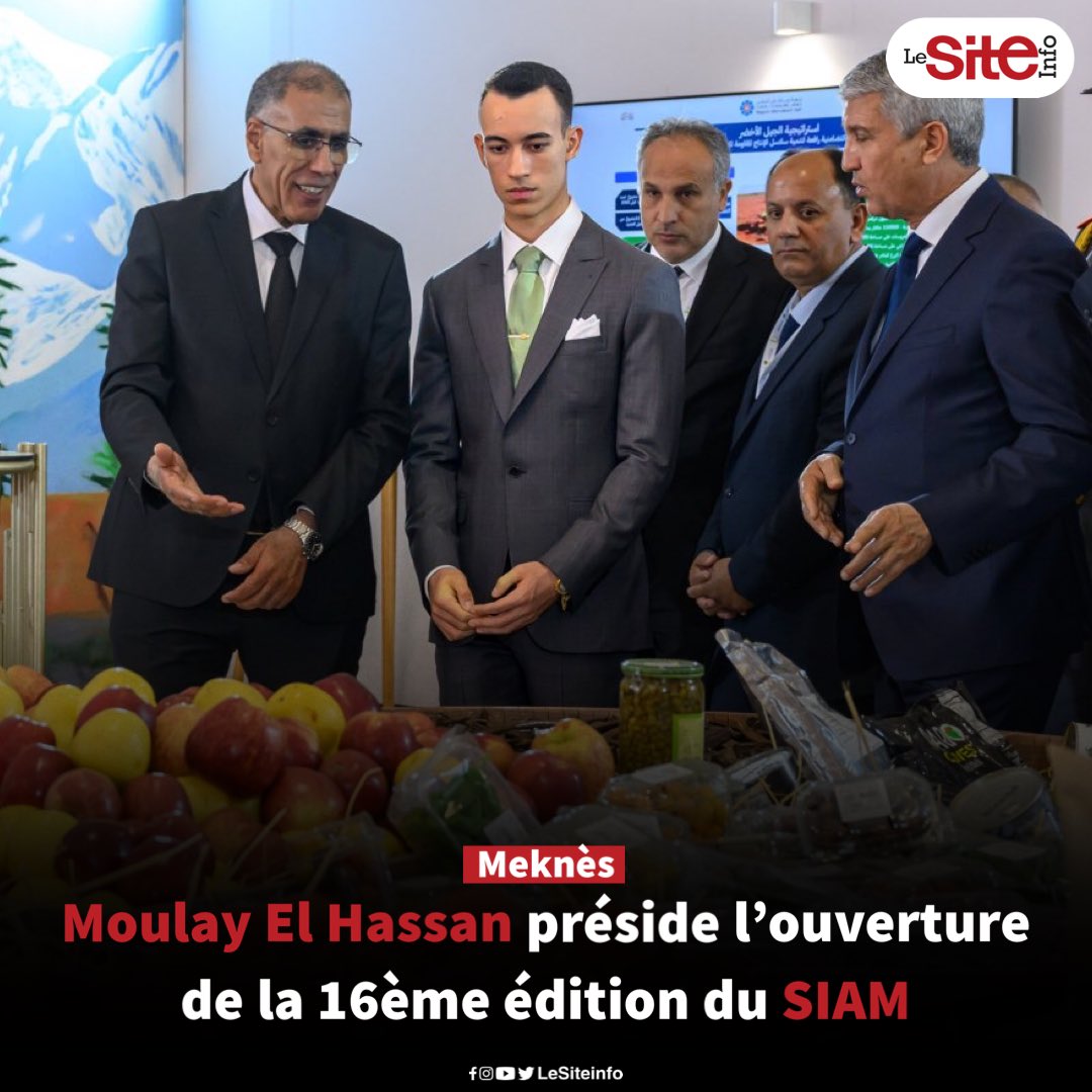 🚨🚜| Le prince héritier Moulay El Hassan a présidé, lundi à Meknès, la cérémonie d’ouverture de la 16e édition du Salon International de l’Agriculture au Maroc (SIAM), sous le thème « Climat et agriculture : Pour des systèmes de production durables et résilients ».