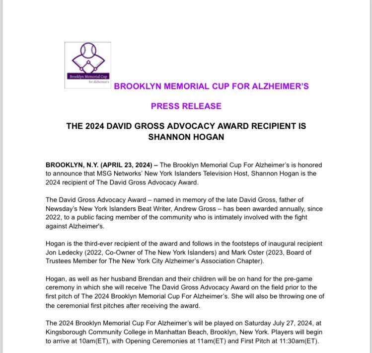 PRESS RELEASE! The @BKMemorialCup is honored to announce that @MSGNetworks’ @NYIslanders TV Host, @Shannon_Hogan is the 2024 recipient of The David Gross Advocacy Award. act.alz.org/goto/BrooklynM… #KoutAlz #ENDALZ #TheLongestDay #Isles @IslesMSGN @AGrossNewsday