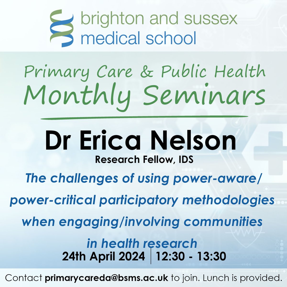 Don't forget our seminar tomorrow. Please contact primarycareda@bsms.ac.uk if you would like to attend.