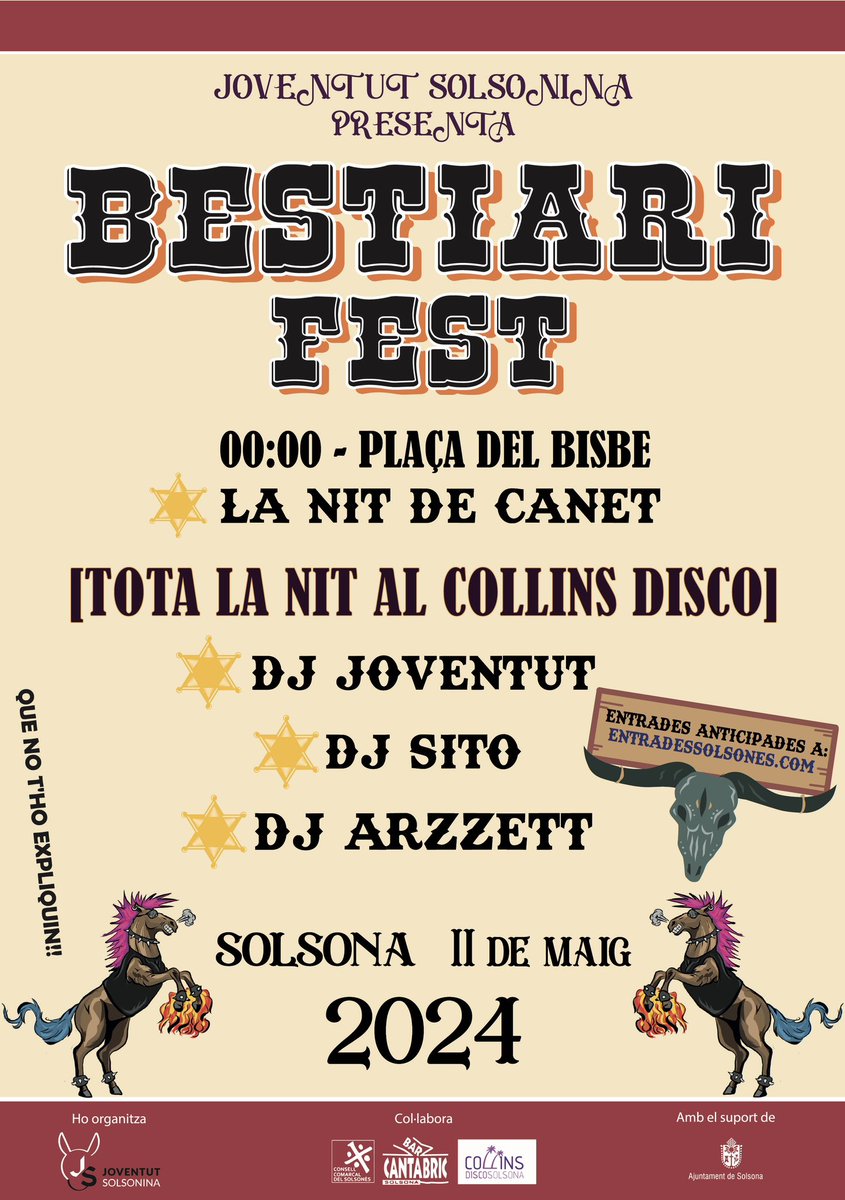 JoventSolsoni's tweet photo. Jovent de Solsona!🐴Us presentem una nova edició del Bestiari Fest! Aquest any amb moltes novetats.💥
Gaudirem d’un gran concert amb La Nit Del Canet a la Plaça del Bisbe. No us ho podeu perdre!🎶🤩 https://t.co/OZXdPoYGsv