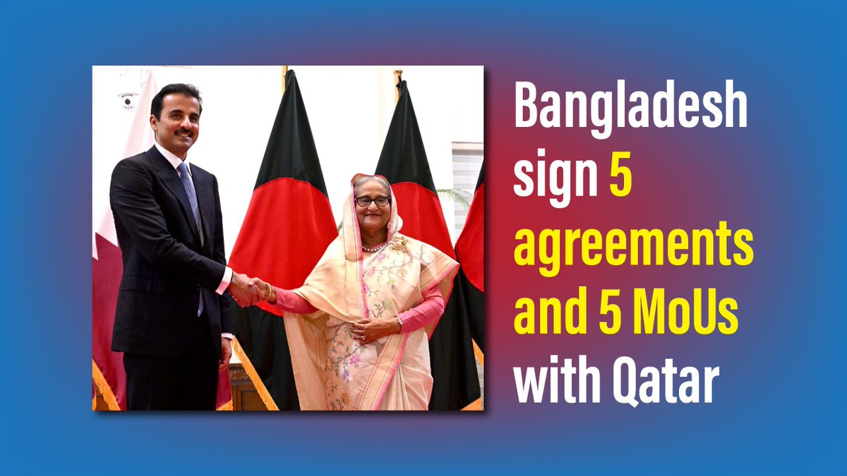 #Bangladesh and #Qatar have signed 10 cooperation documents incl. 5 agreements and 5 MoUs. The agreement areas are taxes, #maritime transport, legal cooperation and mutual #trade & businesses. The MoUs are signed on overseas employment, #sports and #education.