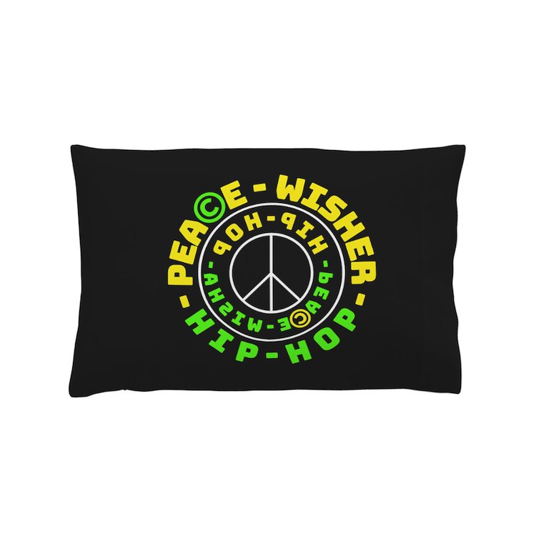 If you're looking for new bedding how about this #hiphop peace themed black pillow case, courtesy of #Cafepress ...  To easily read the flipped font, hold your phone with this image on it, in front of a mirror ... To get this item visit Cafepress & search 'Peace Wisha'