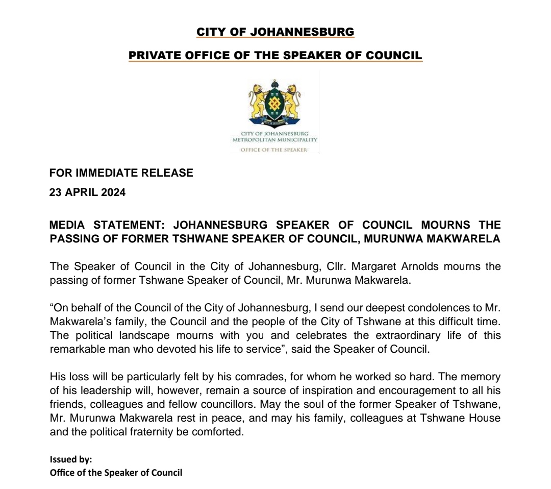 #JoburgUpdates

ICYMI - Condolences to former @CityTshwane Speaker of Council, Murunwa Makwarela 🕊

#RIP
#JoburgCouncil
#JoburgCares ^GZ