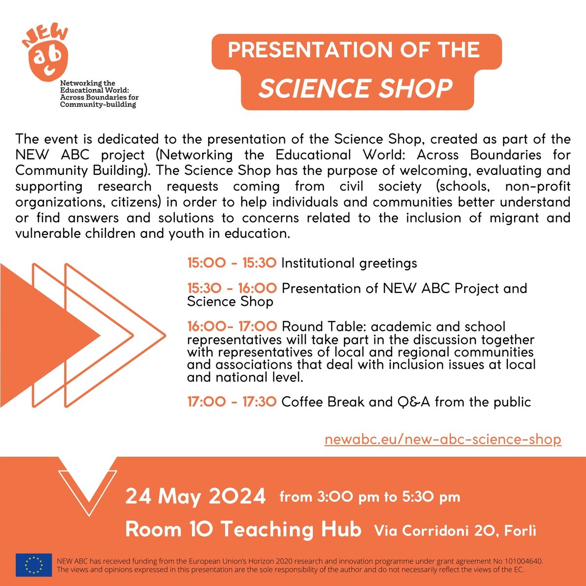 ALPHABETICA_EU's tweet photo. Launch of the #ScienceShop❗️SAVE THE DATE❗️

📅24 May
🕒15:00-17:30
📍#Forlì &amp; online💻
Register👉🏾https://t.co/s7At80tnFe

🔎 This #NEWABC tool has the purpose of welcoming, evaluating and supporting #research requests coming from civil society. We are waiting for you🤗#migration https://t.co/PGAGJJyEJY