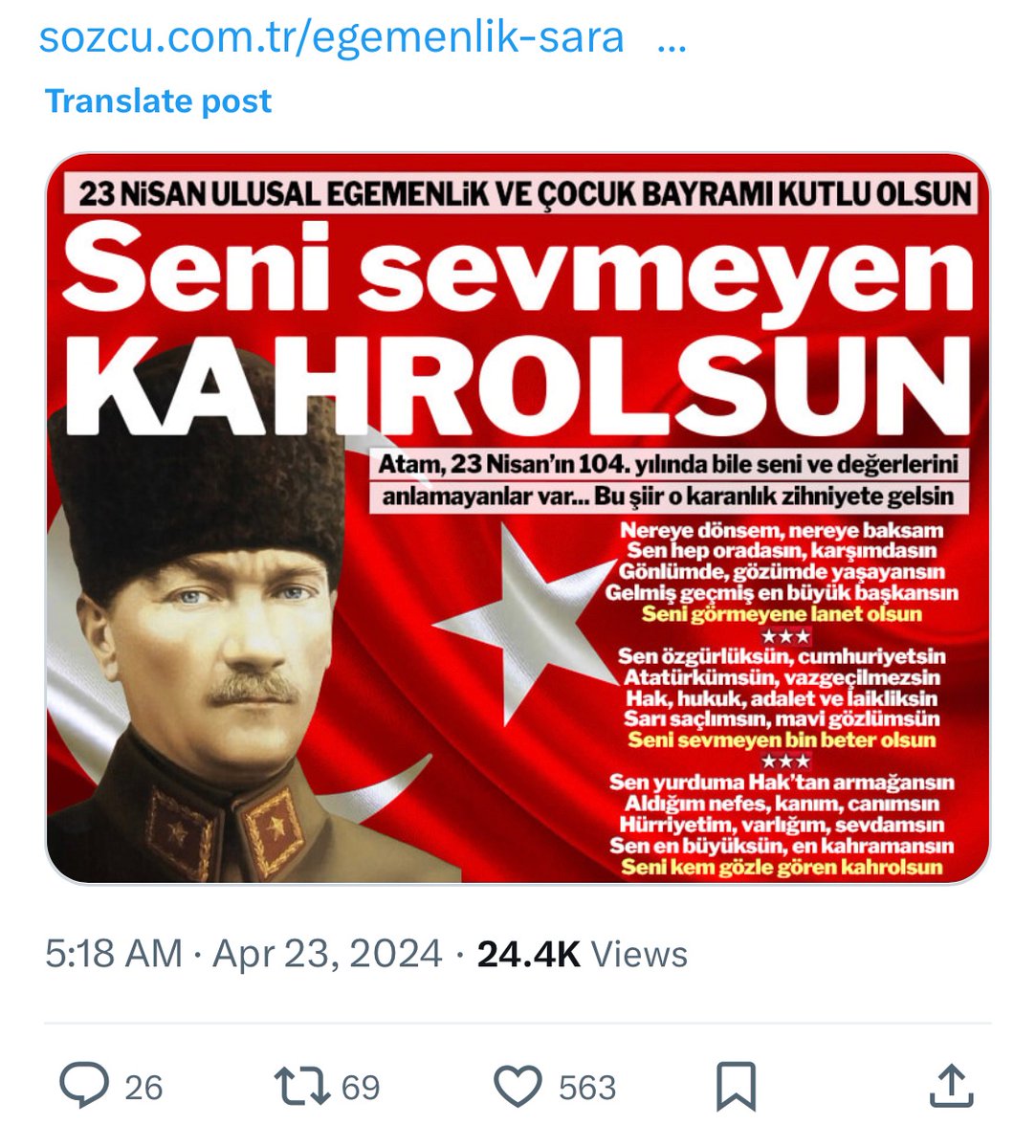 Sözcü’nün bugün sabah erkenden attığı manşete bakın. Birileri de çıkıp dese ki, Erdoğan’ı sevmeyen kahrolsun, Erdoğan’ı sevmeyen bu ülkeden defolup gitsin dese! Kemalist laikler nasıl karşılardınız? Sevmiyorum, seveni de sevmiyorum, asla da sevmeyeceğim. #PutaTapmayın