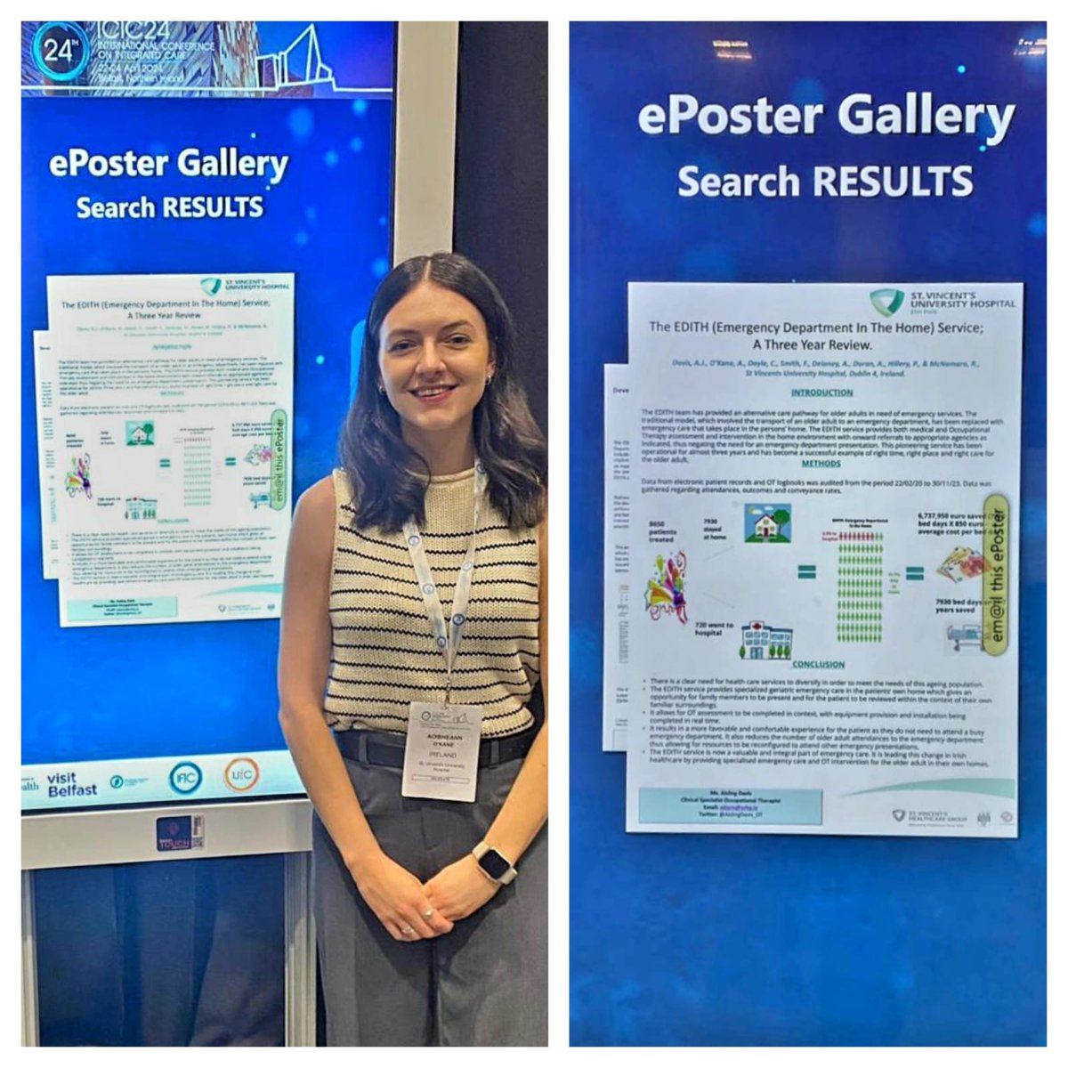 Well done to @AoibheannokOT 🥳🥳🥳 who is presenting two posters at #ICIC24 @EDinthehome @AislingDavis_OT @ClionaDoyle1 @art_doran @svuh @OlderPersonsSV1 @edsvuh @IFICInfo @WeHSCPs @AOTInews @HSCPsSVUH