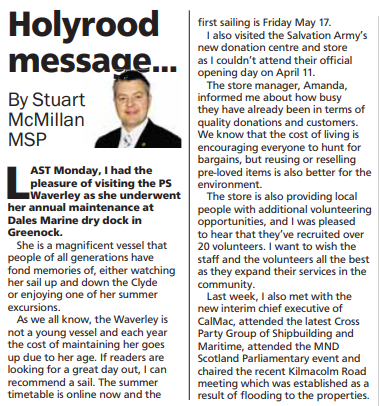 📰 Here's my column from yesterday's @greenocktele covering my visit to @DalesMarine1 to see @PS_Waverley undergoing annual maintenance ahead of her summer sailings; my visit to the Salvation Army Donation Centre Greenock, & various other meetings & events I attended last week.