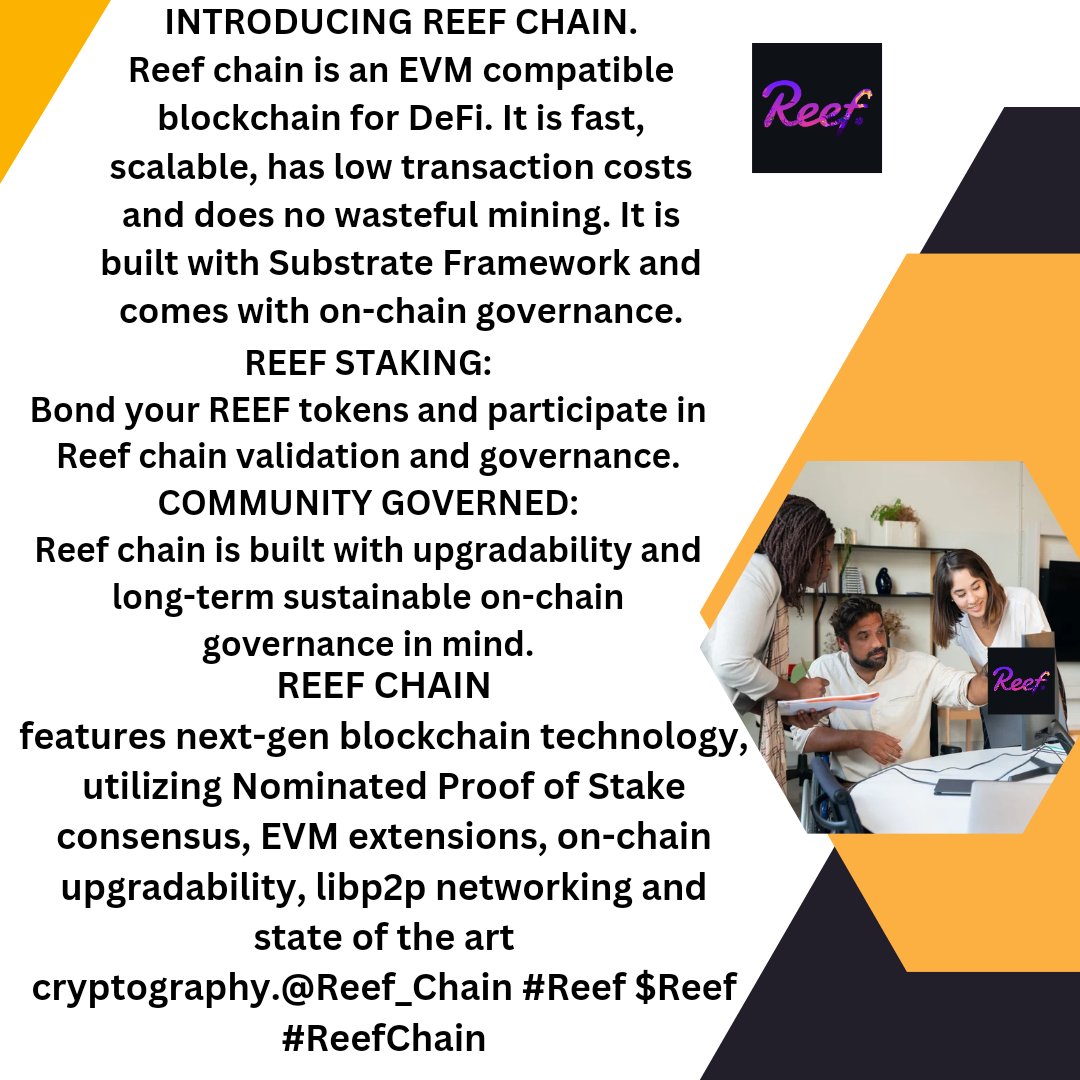 Reef chain features next-gen blockchain technology, utilizing Nominated Proof of Stake consensus, EVM extensions, on-chain upgradability, libp2p networking and state of the art cryptography.@Reef_Chain #Reef $Reef #ReefChain