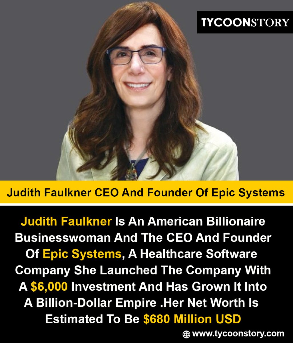 TycoonStoryCo's tweet photo. Judith Faulkner CEO And Founder Of Epic Systems
#judithfaulkner #EpicSystems #healthtechleader #healthit #HealthcareInnovation #womenintechnology #epic #digitalhealth #healthcaretechnology #HealthcareVisionary @Epicsystems @JudithFaulkner0
https://t.co/TkaYwtA67Y https://t.co/AIyH4Hb2V6