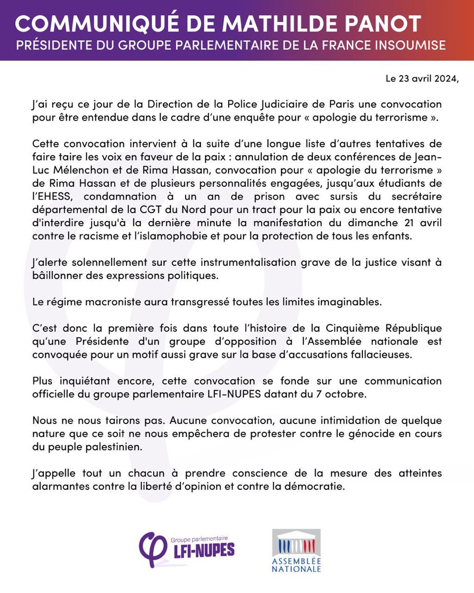 J’ai reçu ce jour une convocation pour être entendue dans le cadre d’une enquête pour « apologie du terrorisme ». Nous ne nous tairons pas. Aucune convocation, aucune intimidation de quelque nature que ce soit ne nous empêchera de protester contre le génocide en cours contre le…