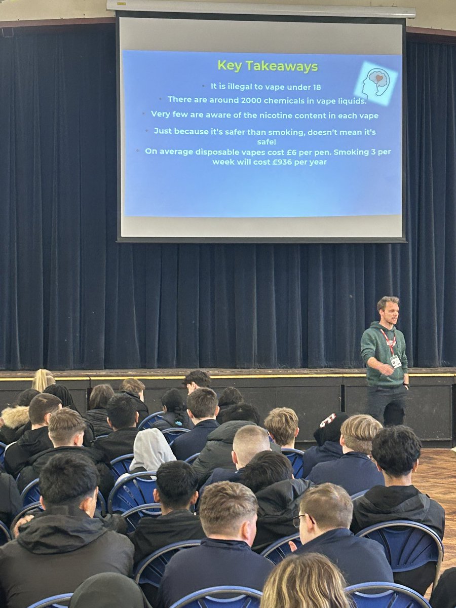 @whysupofficial giving year 9 students @derbyhighbury on the dangers of vaping for today’ health and wellbeing day. Key takeaway - just because it is safer than smoking doesn’t mean it is safe.